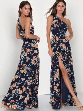 NWT Lulu’s Elegant Admiration Navy Blue Floral One-Shoulder Maxi Dress Chic 2X